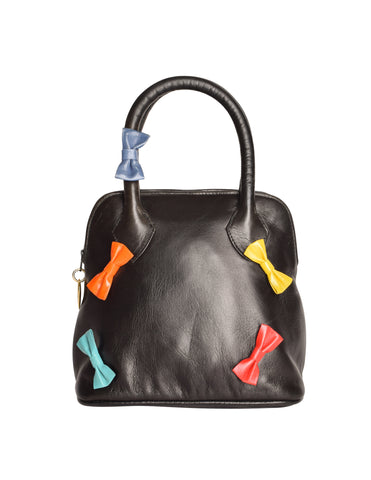 Miss Maud by Maud Frizon Vintage AW 1987 for Patrick Kelly Black Leather Colorful Bow Small Handbag