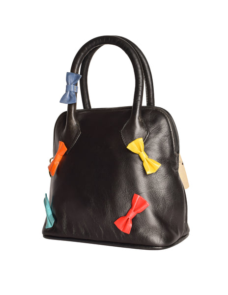 Miss Maud by Maud Frizon Vintage AW 1987 for Patrick Kelly Black Leather Colorful Bow Small Handbag