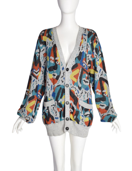 Missoni Vintage 1989 Grey Multicolor Abstract Face Intarsia Cotton Boyfriend Cardigan Sweater