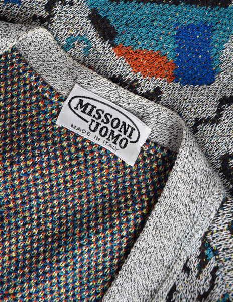 Missoni Vintage 1989 Grey Multicolor Abstract Face Intarsia Cotton Boyfriend Cardigan Sweater