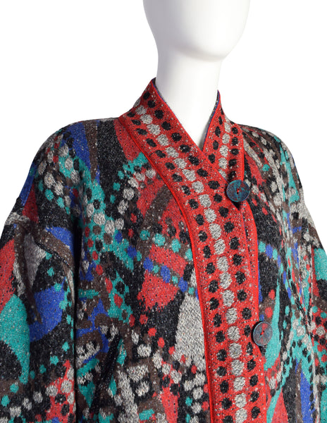 Missoni Vintage 1980s Multicolor Abstract Pattern Intarsia Oversized Knit Sweater Coat