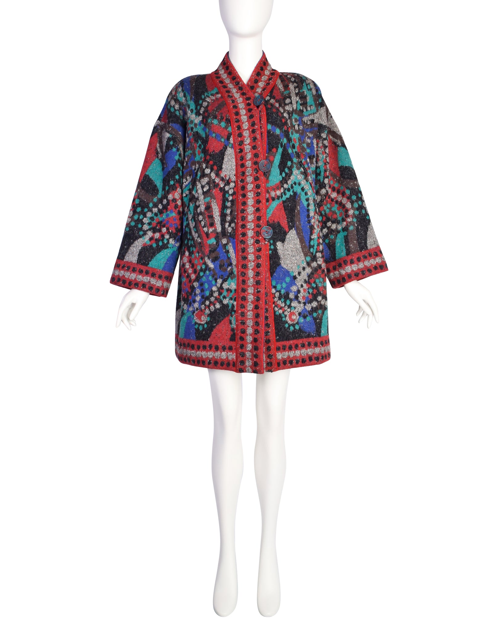 Missoni Vintage 1980s Multicolor Abstract Pattern Intarsia Oversized Knit Sweater Coat