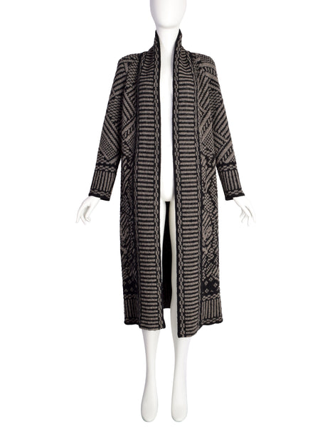 Missoni Vintage Black Brown Abstract Flower Intarsia Long Duster Cardigan Sweater
