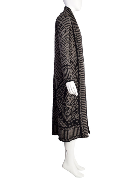 Missoni Vintage Black Brown Abstract Flower Intarsia Long Duster Cardigan Sweater