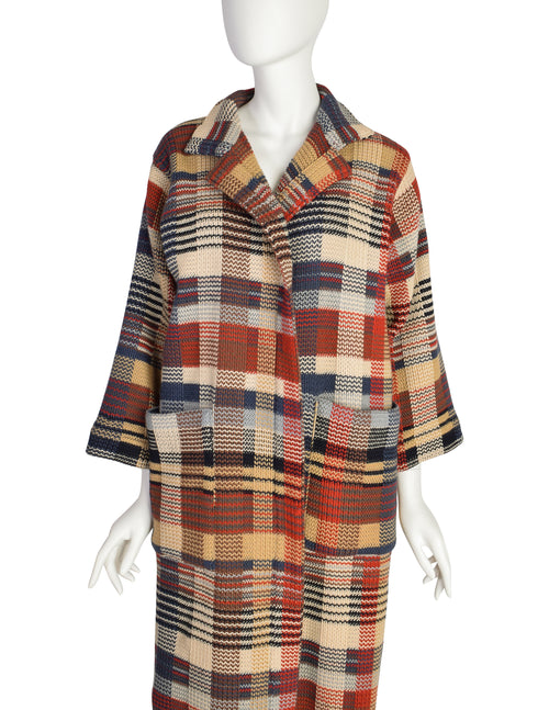 Missoni Vintage 1980s Brown Beige Red Blue Plaid Knit Wool Duster