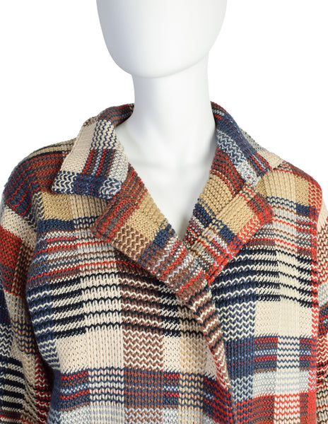Missoni Vintage 1980s Brown Beige Red Blue Plaid Knit Wool Duster Sweater Coat