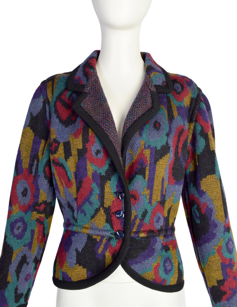 Missoni Vintage AW 1988 Colorful Abstract Floral Intarsia Knit Peplum Jacket