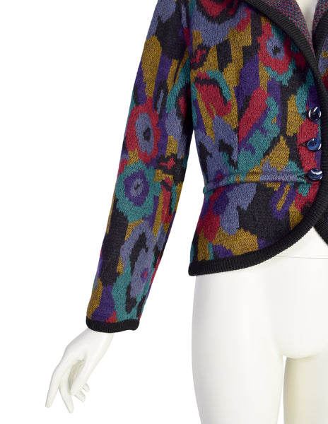 Missoni Vintage AW 1988 Colorful Abstract Floral Intarsia Knit Peplum Jacket