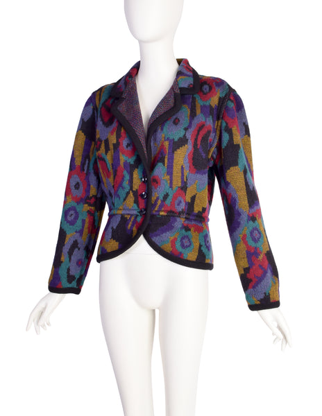 Missoni Vintage AW 1988 Colorful Abstract Floral Intarsia Knit Peplum Jacket