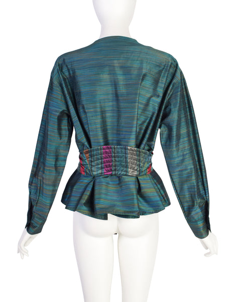 Missoni Vintage Green Multicolor Quilted Waist Tie Silk Blend Top