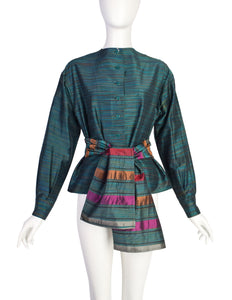 Missoni Vintage Green Multicolor Quilted Waist Tie Silk Blend Top