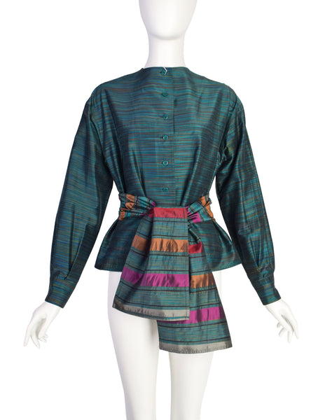 Missoni Vintage Green Multicolor Quilted Waist Tie Silk Blend Top