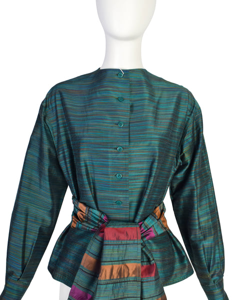 Missoni Vintage Green Multicolor Quilted Waist Tie Silk Blend Top