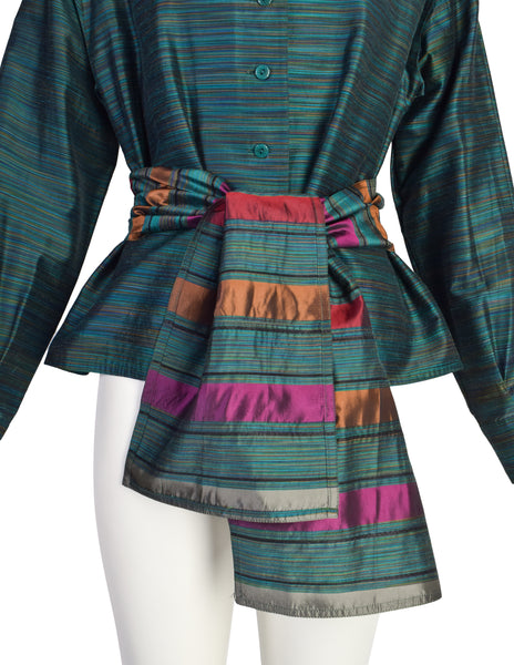 Missoni Vintage Green Multicolor Quilted Waist Tie Silk Blend Top