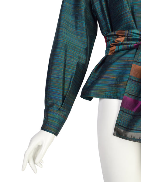 Missoni Vintage Green Multicolor Quilted Waist Tie Silk Blend Top