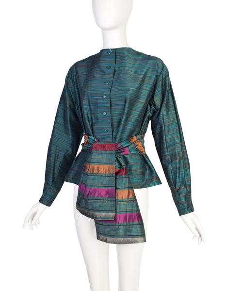 Missoni Vintage Green Multicolor Quilted Waist Tie Silk Blend Top