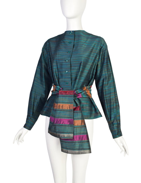 Missoni Vintage Green Multicolor Quilted Waist Tie Silk Blend Top