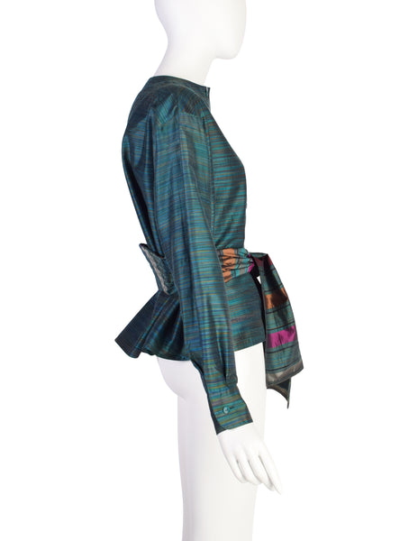Missoni Vintage Green Multicolor Quilted Waist Tie Silk Blend Top