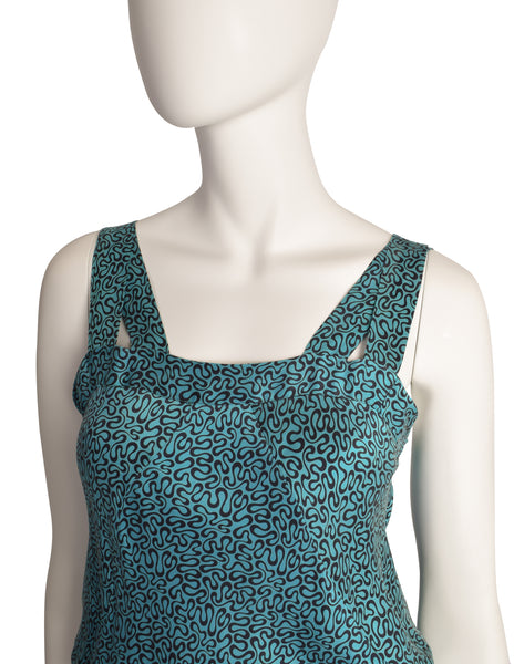 Missoni Vintage 1980s Teal Black Squiggle Print Drawstring Silk Dress