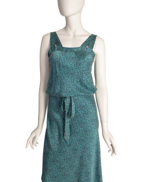 Missoni Vintage 1980s Teal Black Squiggle Print Drawstring Silk Dress