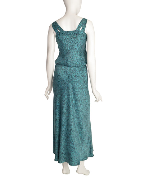 Missoni Vintage 1980s Teal Black Squiggle Print Drawstring Silk Dress