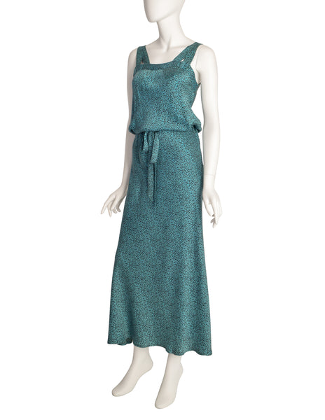 Missoni Vintage 1980s Teal Black Squiggle Print Drawstring Silk Dress