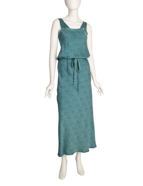Missoni Vintage 1980s Teal Black Squiggle Print Drawstring Silk Dress