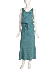 Missoni Vintage 1980s Teal Black Squiggle Print Drawstring Silk Dress