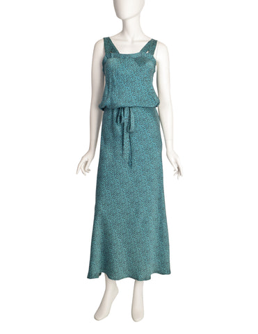 Missoni Vintage 1980s Teal Black Squiggle Print Drawstring Silk Dress