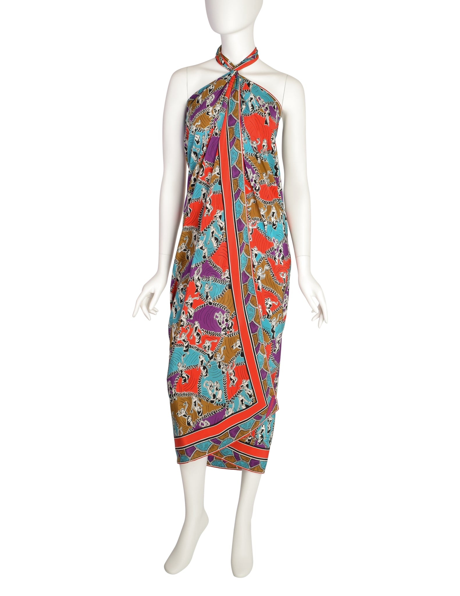 Missoni Vintage Red Multicolor Dancer Print Oversized Silk Pareo Sarong Wrap Scarf