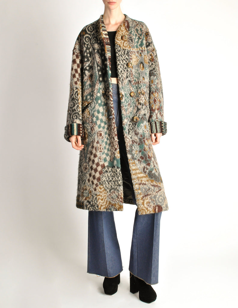 Missoni Vintage Grey Multicolor Patterned Knit Mohair Wool Coat