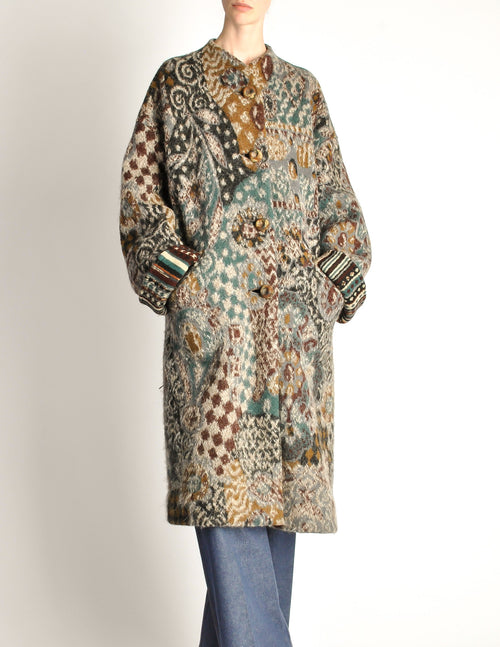 Missoni Vintage Grey Multicolor Patterned Knit Mohair Wool Coat