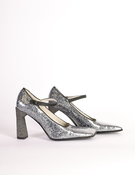 Miu Miu Vintage 1998 Grey Silver Glitter Patent Leather Mary Jane Heels Shoes