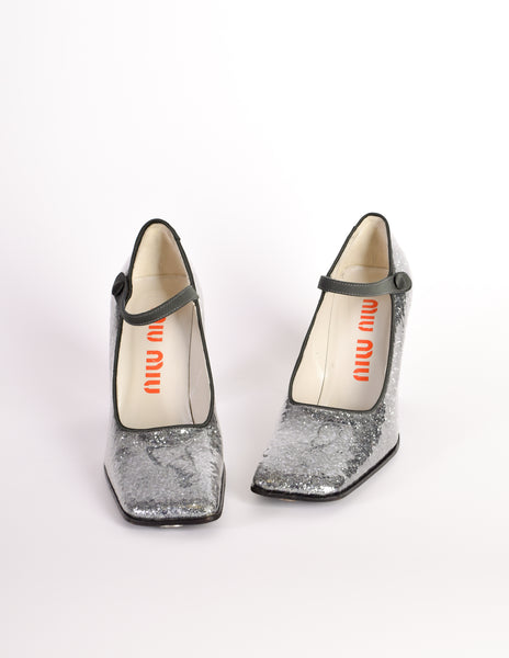 Miu Miu Vintage 1998 Grey Silver Glitter Patent Leather Mary Jane Heels Shoes