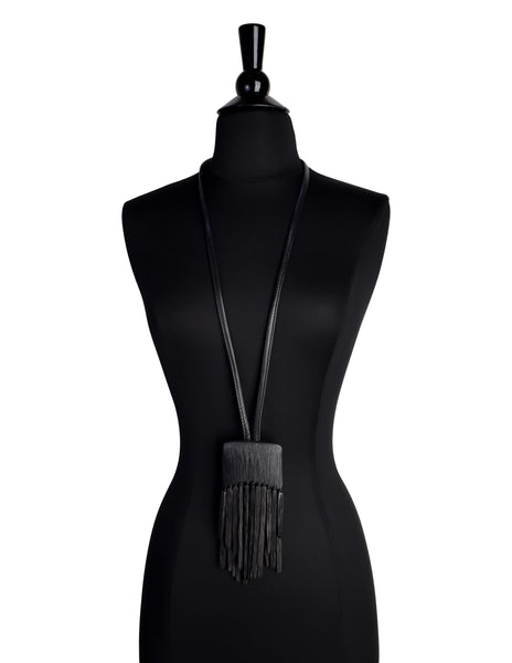 Monies Vintage Black Oversized Kamagong Wood Fringe Pendant Leather Sautoir Necklace
