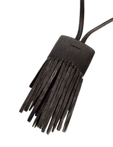Monies Vintage Black Oversized Kamagong Wood Fringe Pendant Leather Sautoir Necklace