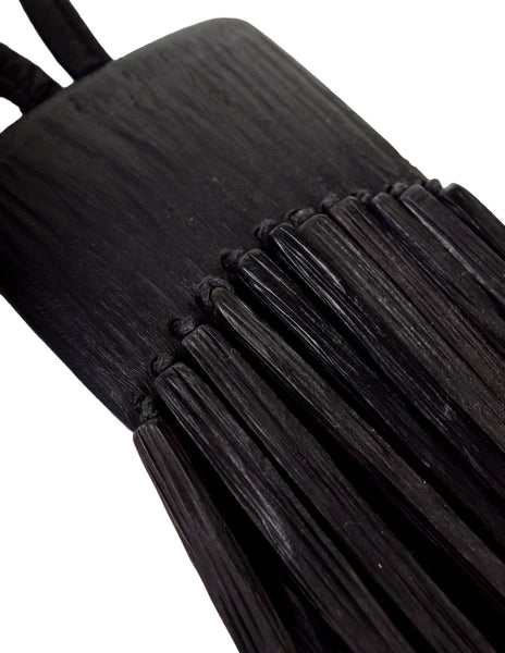 Monies Vintage Black Oversized Kamagong Wood Fringe Pendant Leather Sautoir Necklace