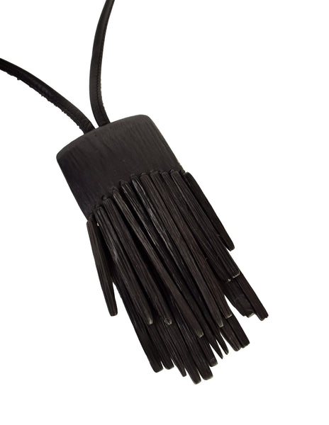 Monies Vintage Black Oversized Kamagong Wood Fringe Pendant Leather Sautoir Necklace