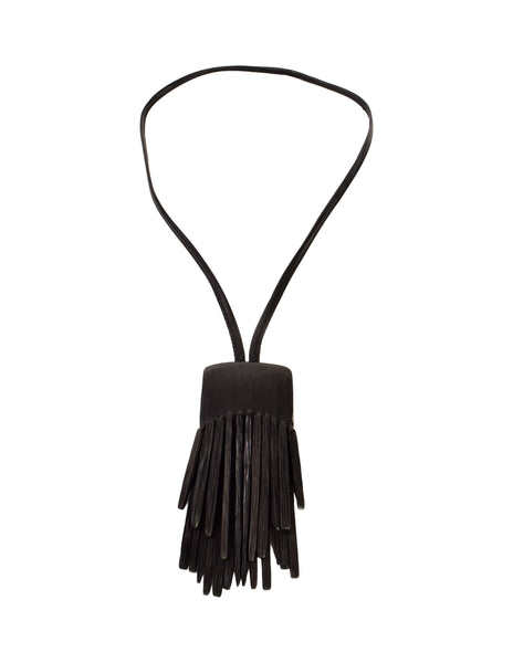 Monies Vintage Black Oversized Kamagong Wood Fringe Pendant Leather Sautoir Necklace