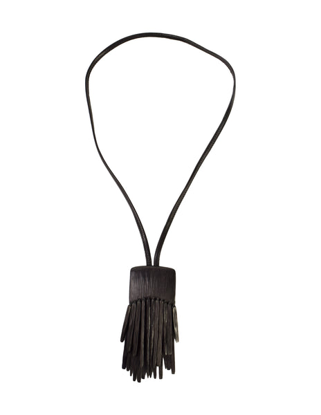 Monies Vintage Black Oversized Kamagong Wood Fringe Pendant Leather Sautoir Necklace