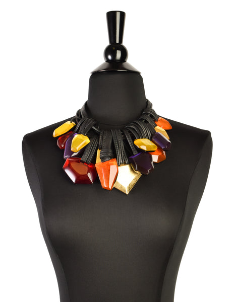 Monies Vintage Multicolor Gem Gold Leaf Wood Leather Collar Necklace