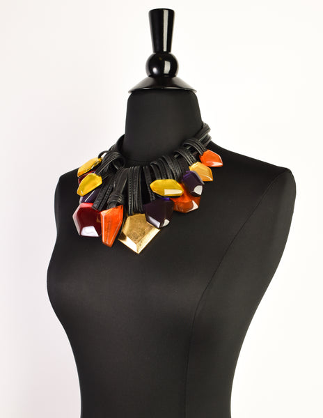 Monies Vintage Multicolor Gem Gold Leaf Wood Leather Collar Necklace