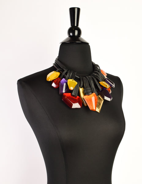 Monies Vintage Multicolor Gem Gold Leaf Wood Leather Collar Necklace