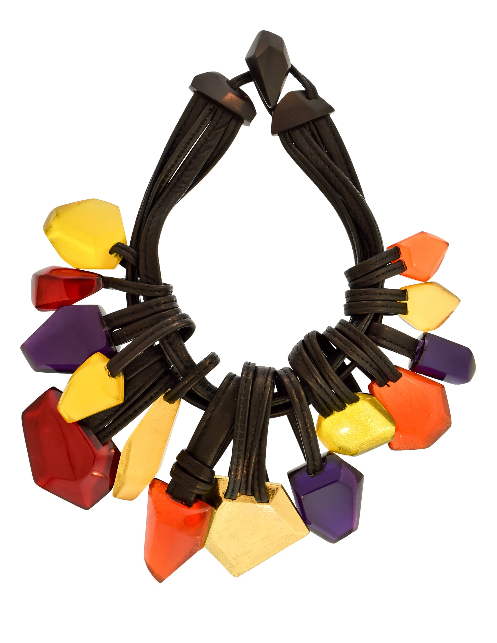 Monies Vintage Multicolor Gem Gold Leaf Wood Leather Collar Necklace