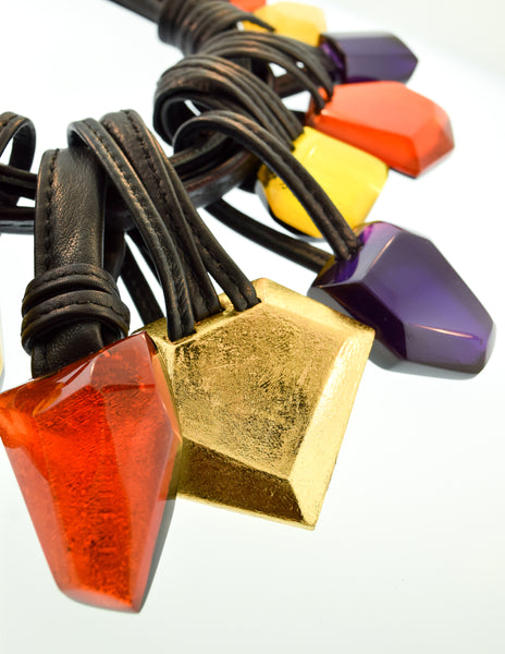 Monies Vintage Multicolor Gem Gold Leaf Wood Leather Collar Necklace