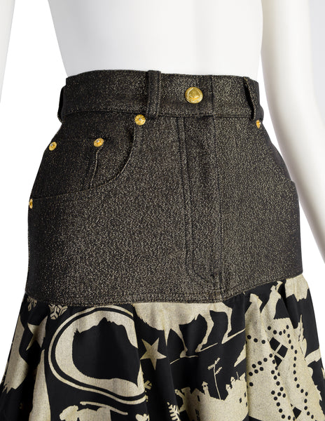 Moschino Vintage Blackened Sparkly Black and Gold Christmas Holiday Novelty Theme Ruffle Skirt
