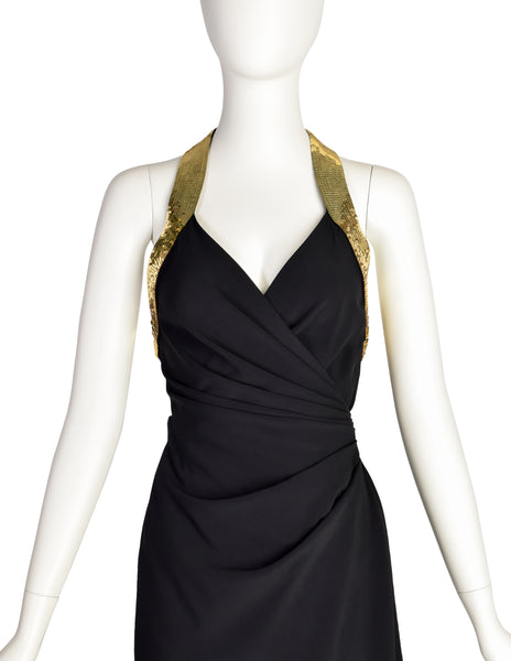 Moschino Couture Vintage 1994 Iconic Peace Sign Black and Gold Anniversary Runway Halter Dress