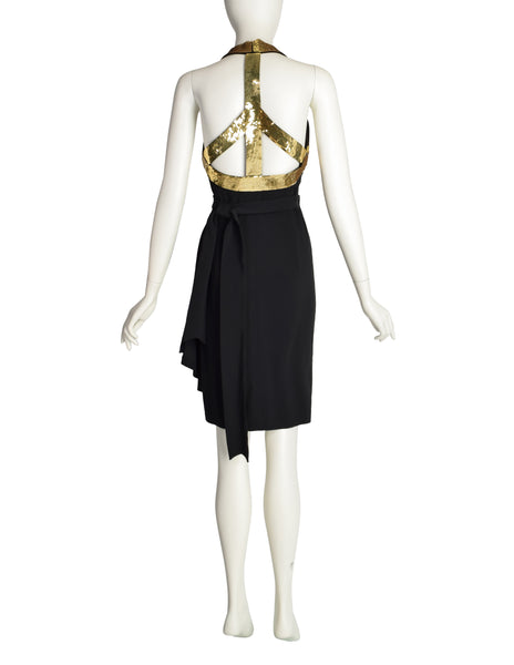 Moschino Couture Vintage 1994 Iconic Peace Sign Black and Gold Anniversary Runway Halter Dress