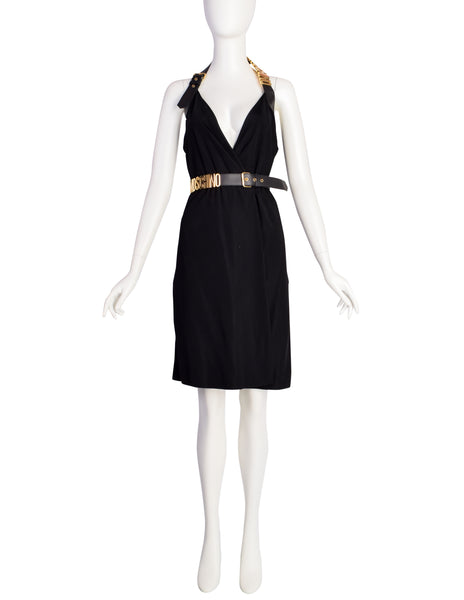 Moschino Couture! Vintage Black and Gold Namesake Letters Surplice Halter Dress with Belt