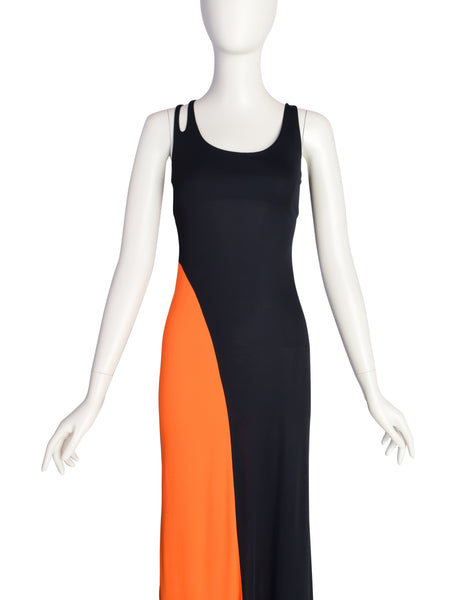 Moschino Cheap and Chic Vintage 1990s Black and Orange Colorblock Maxi Dress